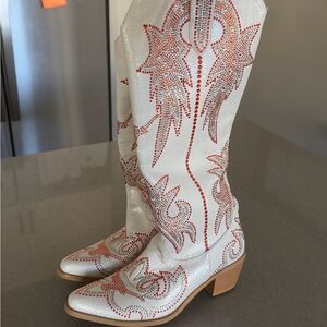 Limited Edition Longhorn White & Orange Rhinestoned Cowgirl Boots